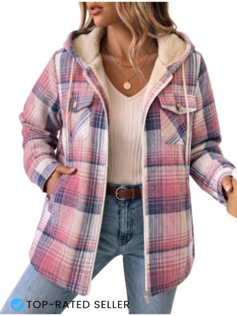 Women's Flannel Jacket Plaid Fleece Lined Hooded Shacket Winter Coat